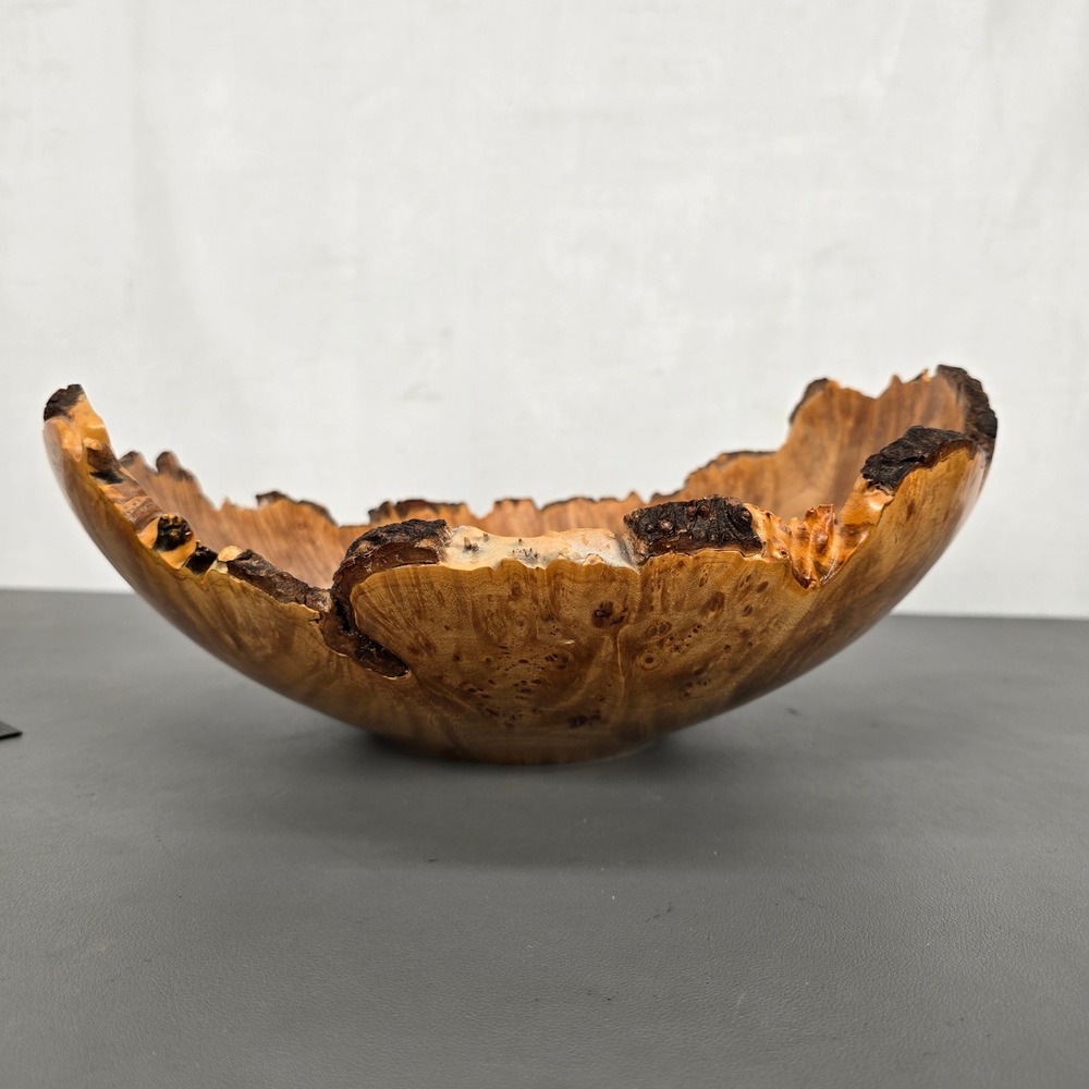 Hand Turned Maple Burl Wood Live Edge Decorative Bowl Signed Artisan Centerpiece - Picture 8 of 11